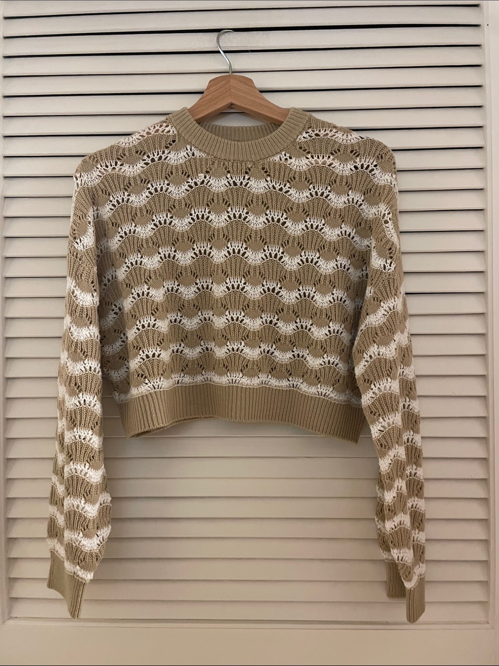 Divided Beige and White Open-Knit Crewneck Sweater